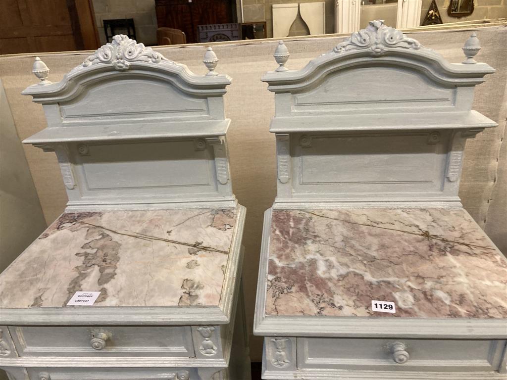 A pair of early 20th century French painted marble top bedside cabinets, width 41cm depth 35cm height 122cm